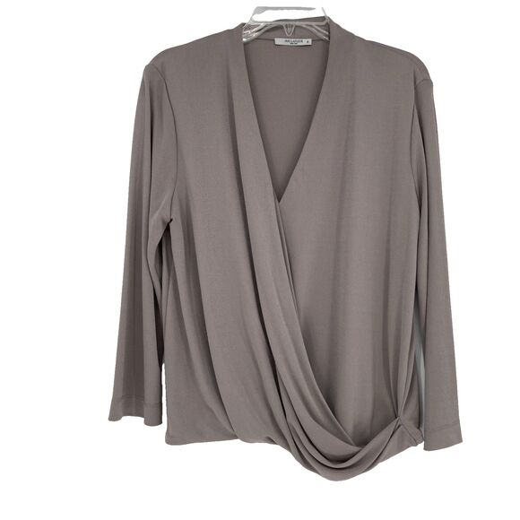 MM Lafleur Deneuve Surplice Faux Wrap Top MEDIUM Taupe Crepe Capsule Wardrobe - Picture 1 of 11